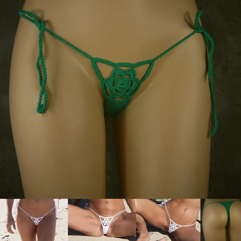 Women Sport Sexy Bikini Thong Handmade Crochet Swimwear Bikini Bottom Hollow-out Low Waist Bathing Suit