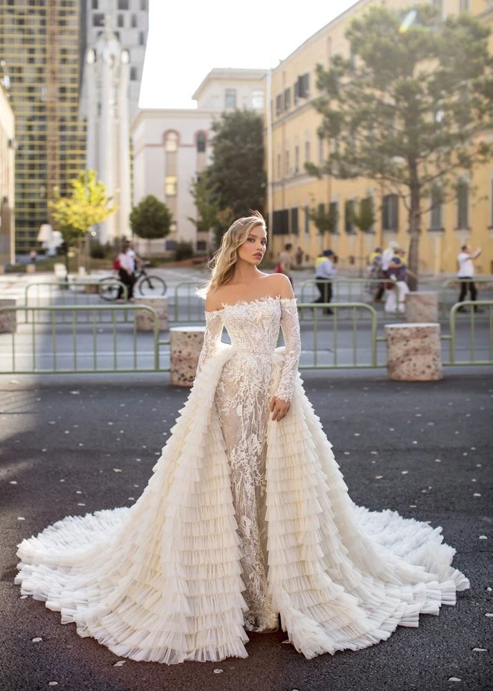 Lindo vestido de casamento sereia trem destacável rendas apliques fora do ombro país vestido de casamento manga longa vestido de noite