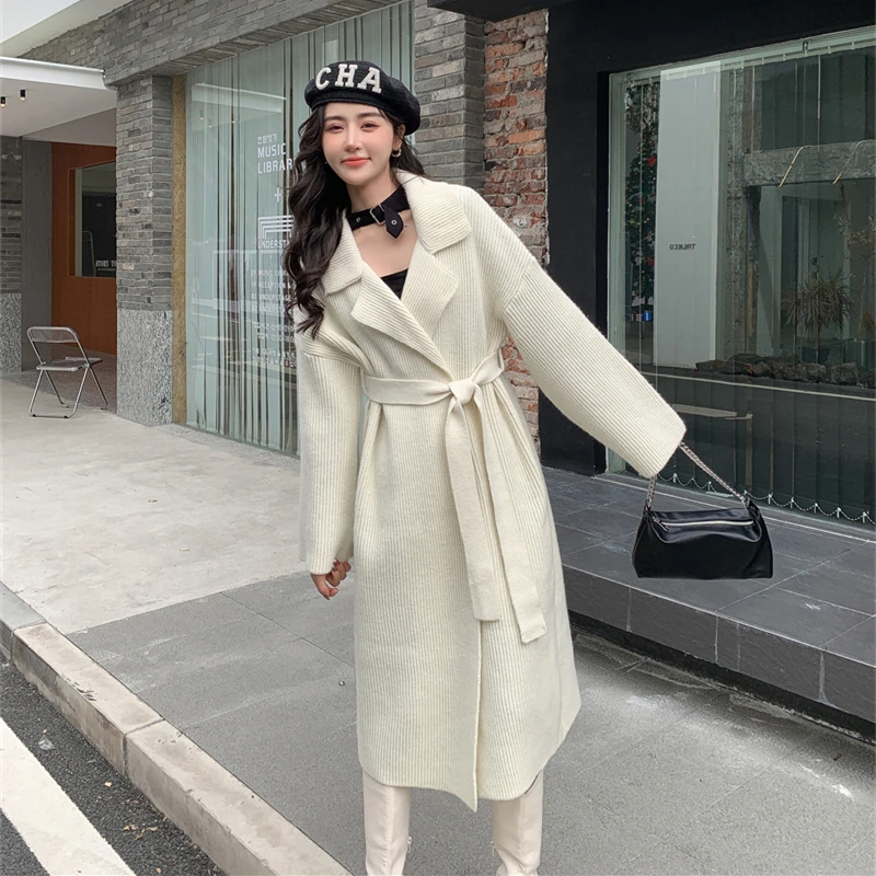 [ZAYZU]French Bathrobe Wind Long Thickened Sweater Knitted Coat women\'s Lazy Wind Autumn and Winter New Lace Up Lapel Coat