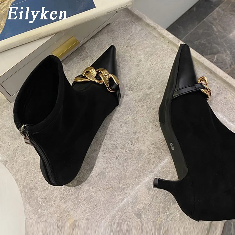 Eilyken Fashion Chain Decoration Women Ankle Boots Low Thin Heels Pointed Toe Pumps Shoes Zip Elegance Short Bootties