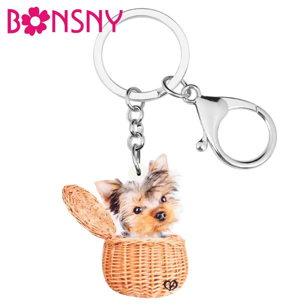 Bonsny Acrylic Brown Cute Yorkshire Dog Keychains Key Ring Pet Animal Key Chain Jewelry For Women Kids Girls Gift Car Accessory