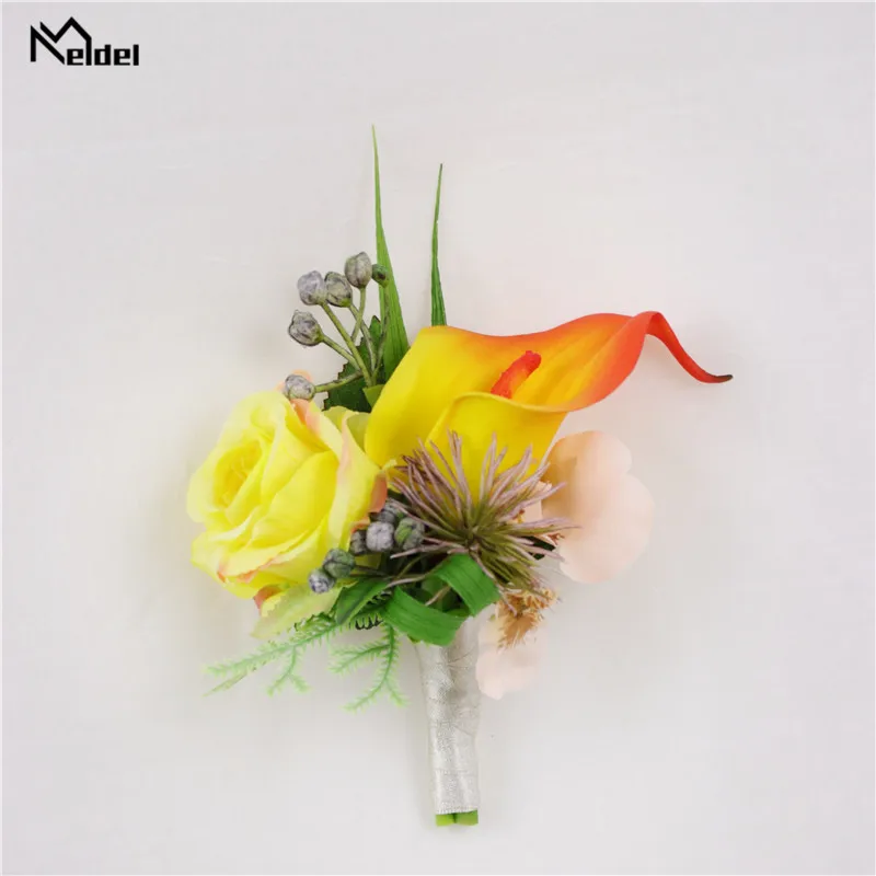 Meldel Zijde Rose Calla Bruiloft Corsages En Bruidegom Boutonnières Bruidsmeisjes Pols Armbanden Huwelijk Party Prom Mannen Pak Bloemen