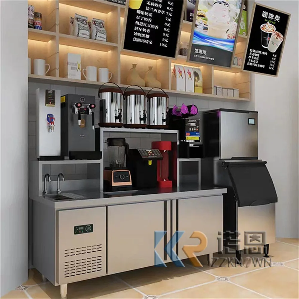 Bubble Tea Shop Counter Milk Tea Bar Counter Customized Stainless Steel Refrigeration Frozen Bubble Tea Counter Bar with Fridge