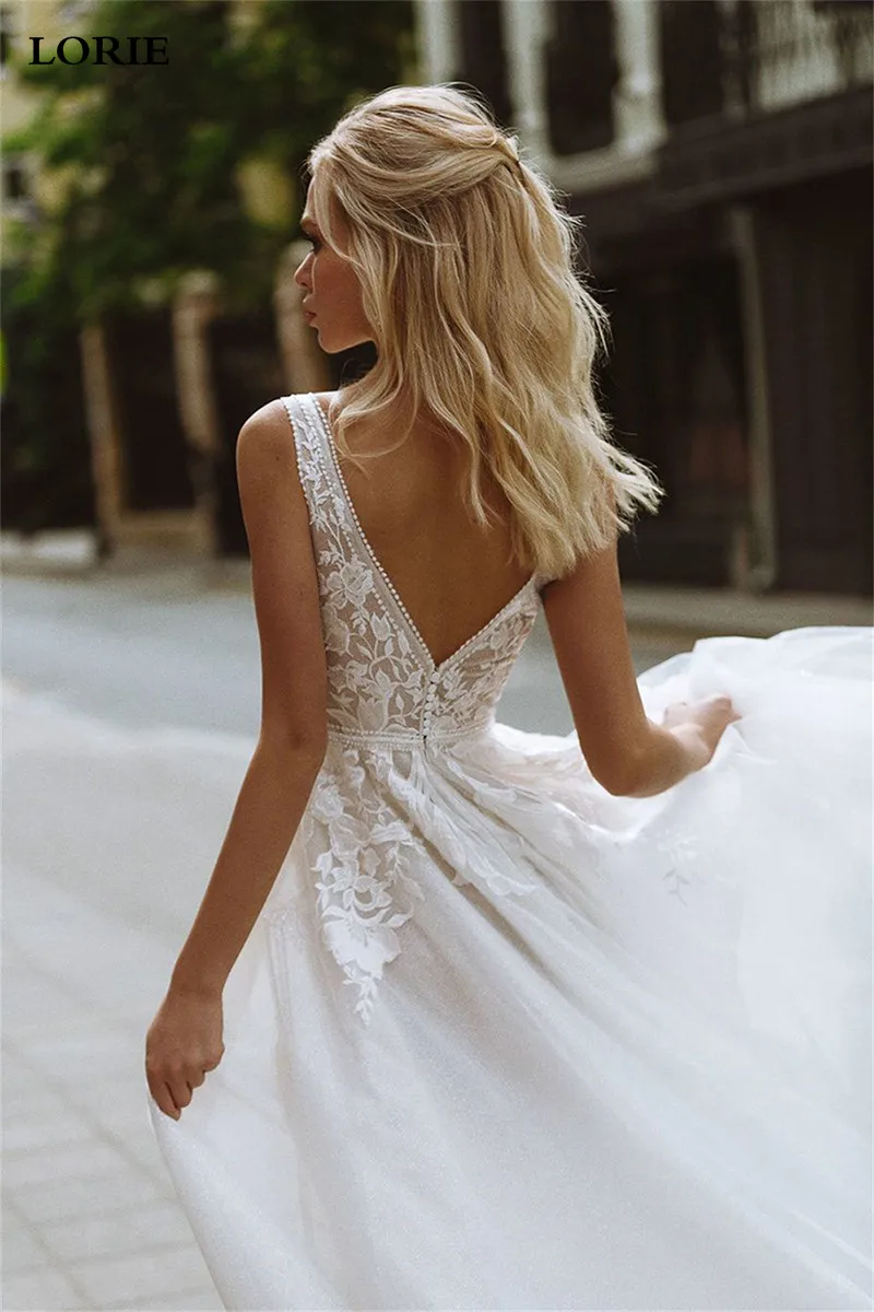 LORIE Avorio Boho Abiti da sposa in pizzo Una linea senza maniche Appliques Abiti da sposa sexy con scollo a V Puff Tulle Abiti da sposa personalizzati