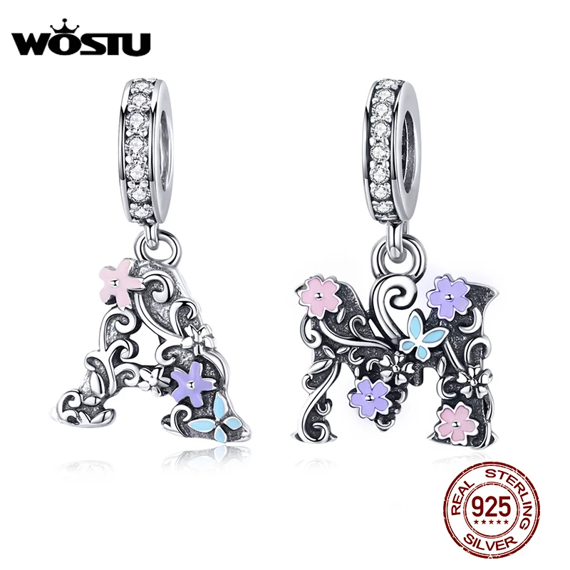 WOSTU Real 925 Sterling Silver Letter A & M Flower Charm Fit Original Bracelet Pendant Zircon Beads For Jewelry Making CQC1274