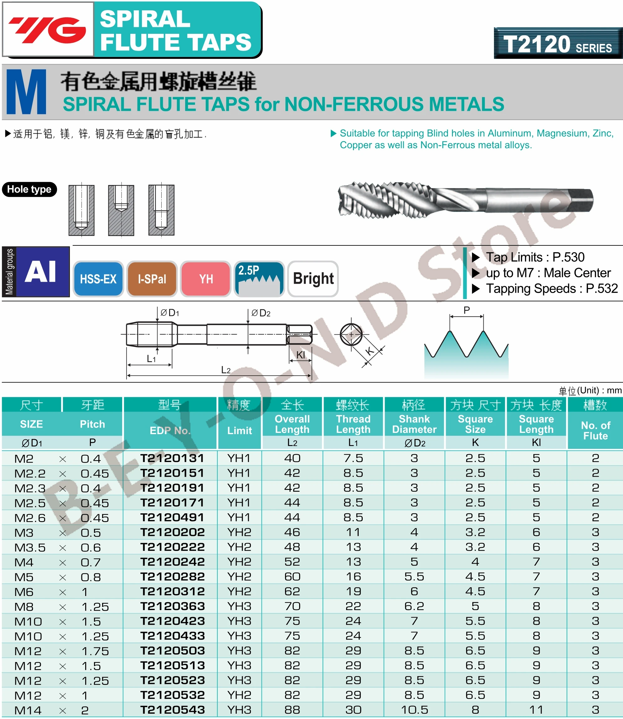 Original YG-1 T2120 Tapping for Aluminum M3 M4 M5 M6 M8 M10 M12 Spiral Flute Taps for Non-Ferrous Metals processing Blind Holes