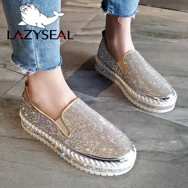 LazySeal Crystal Diamonds Women Flats Bling Woman Shoes Rhinestone Ladies Casual Shoes Round Toe Slip-on Platform Shoes