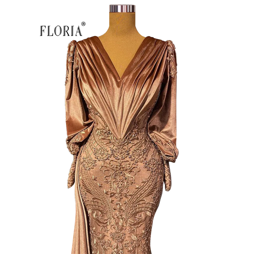 Floria Light Brown Long Sleeves Mermaid Evening Dress 2022 Women's V-neck Lace Beaded Long Prom Gown vestido de noche Plus Size