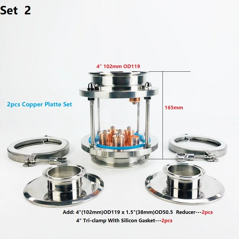 4" Distillation Lens Column With 2pcs Copper Platte Set,Tri-Clamp Sight Glass Union Stainless Steel 304