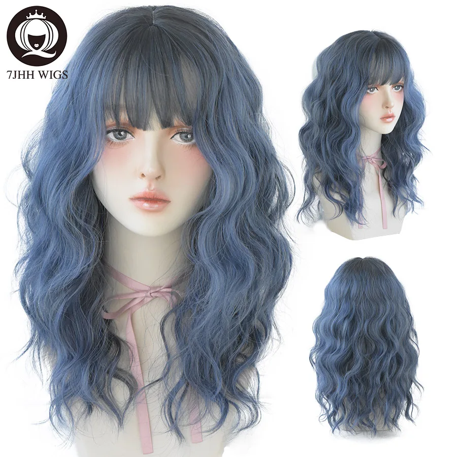 7JHH WIGS Pink Synthetic Blue Wig For Girls Daily Wear Loose Long Deep Wave Ombre Wig with Fluffy Bangs Handmade Fine Wigs