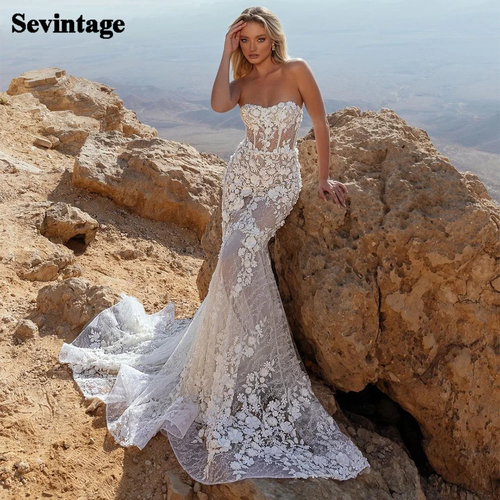 Sevintage Mermaid Wedding Dresses Lace Appliques 3D Flowers Beading Crystal Boho Bride Gowns Sleeveless Backless Wedding Dress