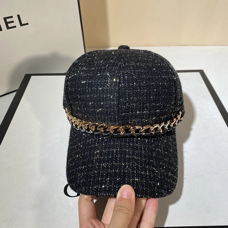 USPOP New Winter Autumn Chic Casual Outdoor Cap Women‘s Tweed Baseball Caps with Chain