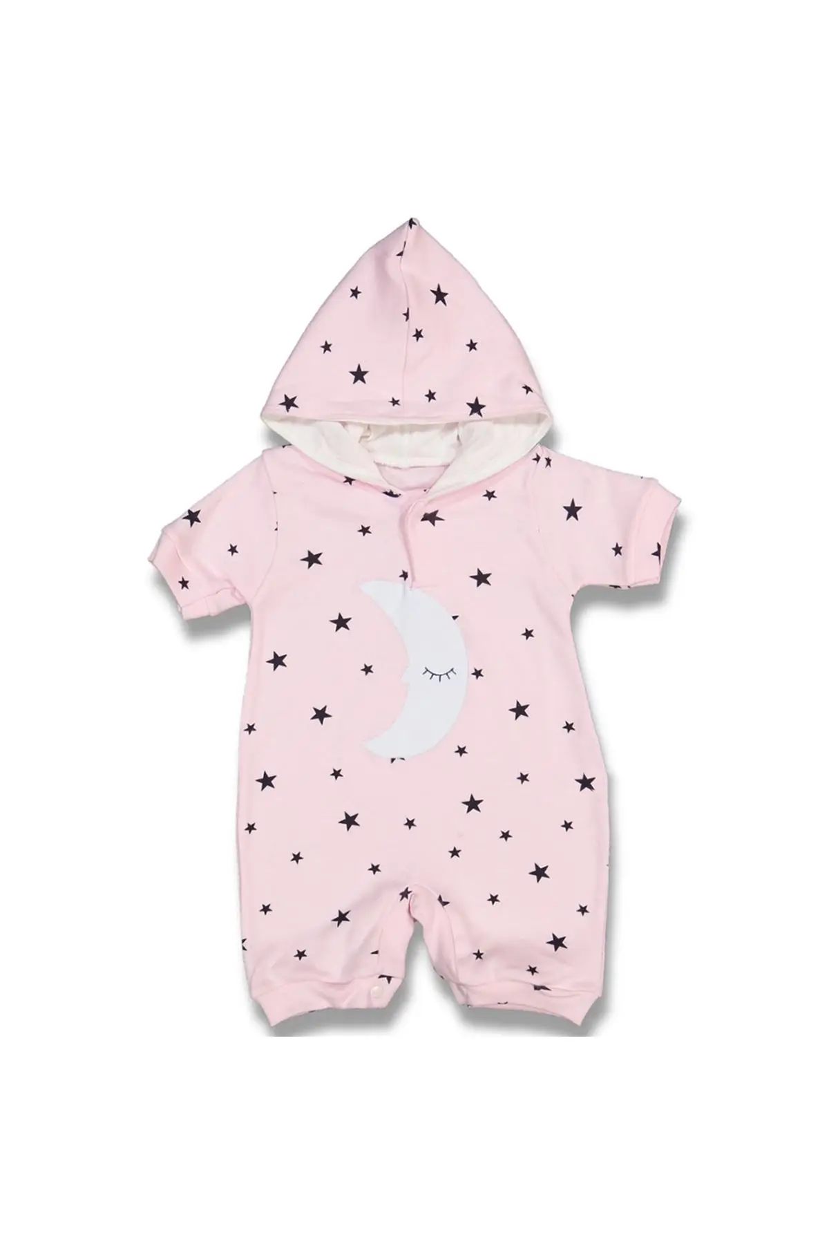 Moon Star Short Sleeve Hooded Baby Rompers-Pink