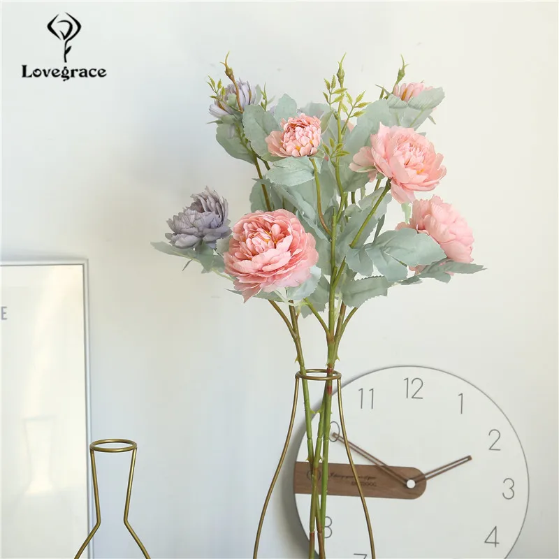 Roses Artificial Flowers for Wedding Wall Fake Flowers White Home Decoration Plastic Long Branch 3 heads Pink Rose Silk Flowers