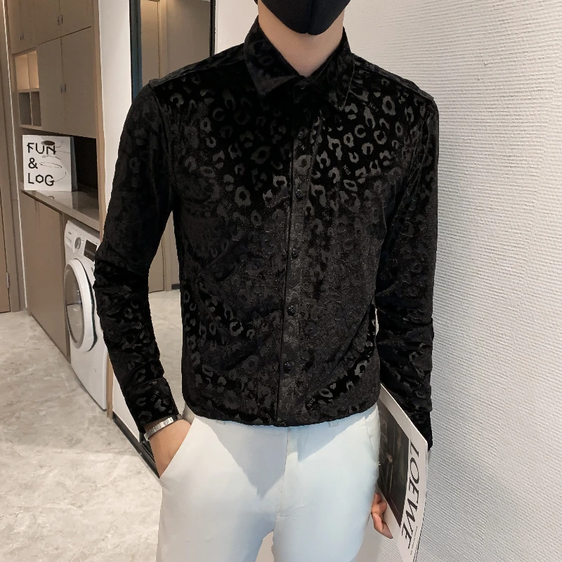 Leopard Print Velvet Men\'s Shirt 2021 Autumn Winter Keep Warm Long Sleeve Slim Fit Casual Shirt Social Business Men Clothing