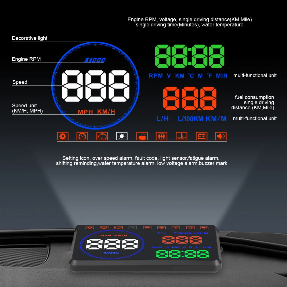 

OHANEE M9 HUD head-up display car OBD2 Digital Speedometer Error Code Clearing Speed MPH KM/H Fuel Consumption Display For Car