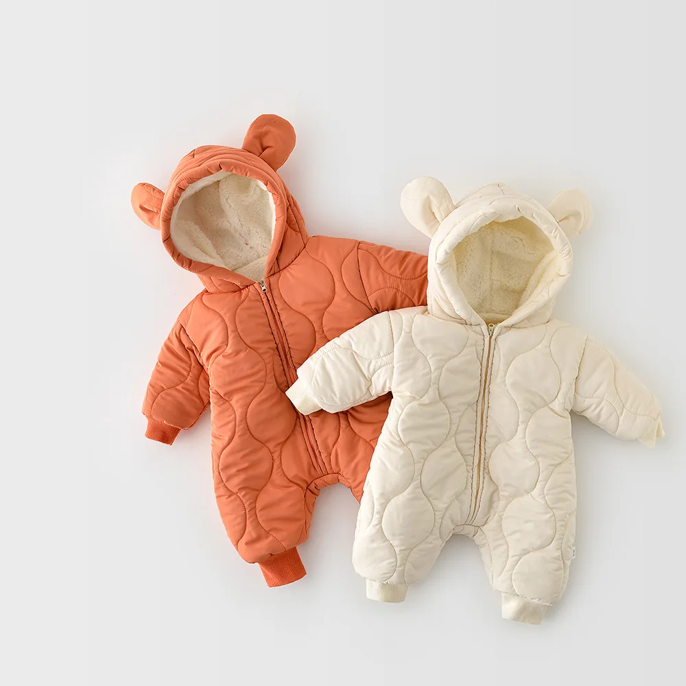 MILANCEL Hooded One Piece Newborn Baby Clothing Bear Ear Baby Boys Rompers Fur Lining Infant Girls Outfit Jumpsuits