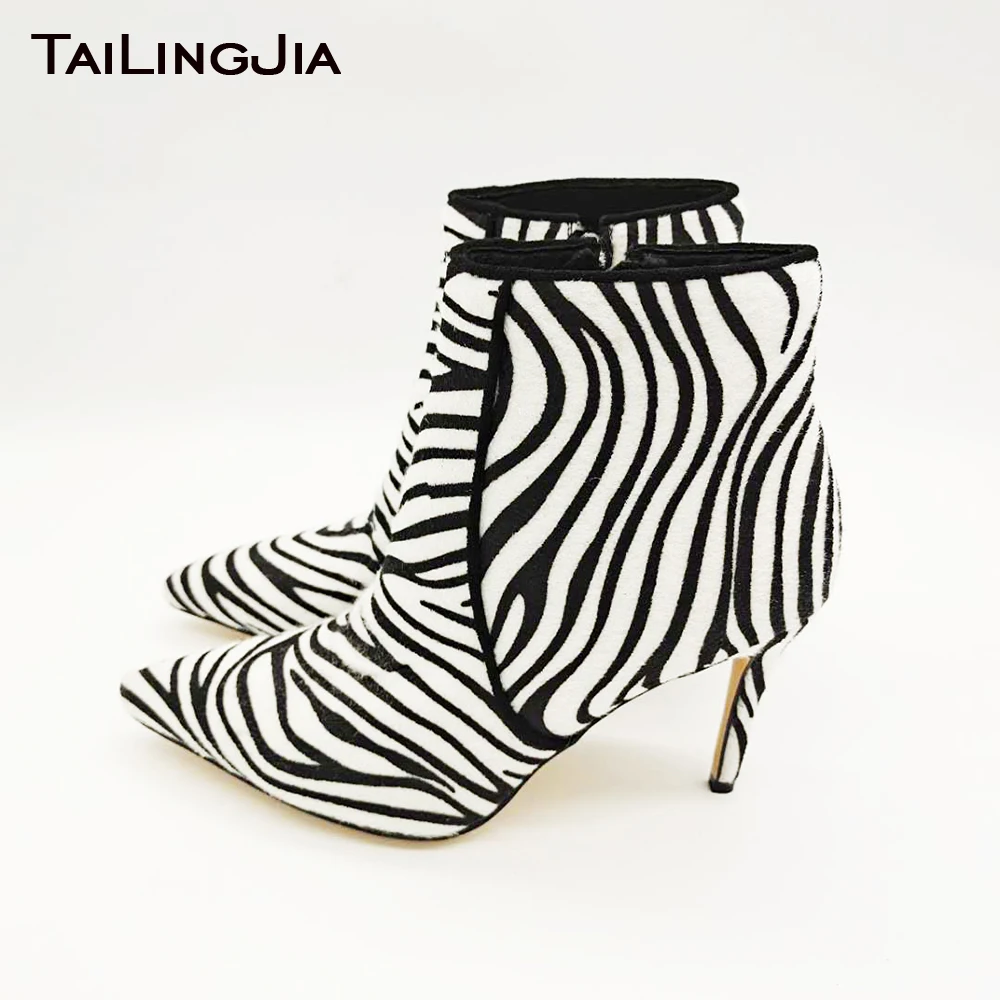 

Zebra Women Stiletto Heel Short Ankle Boots Faux Horse Hair Ladies Sexy 2019 Winter Autumn Shoes BootieS Large Size Factory Boot