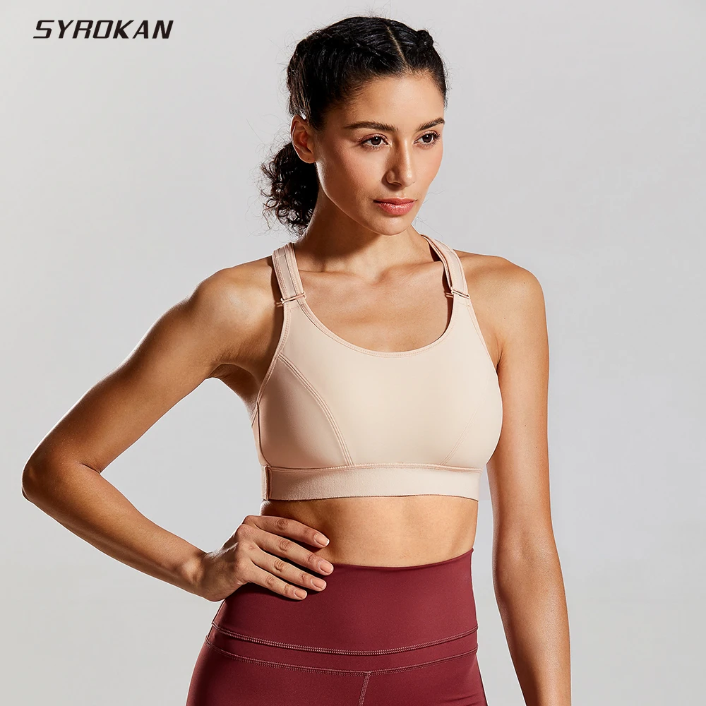 SYROKAN Sports Bra Women\'s Spandex Front Adjustable No Wire High Impact Full Support Plus Size Wirefree Gym