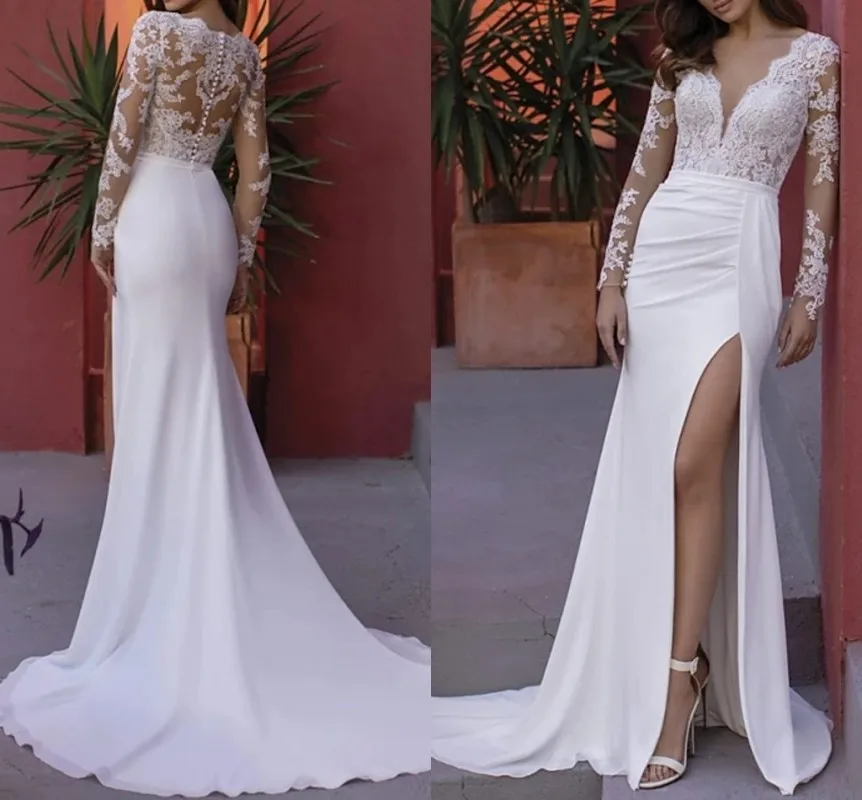 

2024 Wedding Dress V Neck Court Train Lace Soft Satin Long Sleeve Country Beach Bridal Gown Robe De Mariage Vestido De Noiva