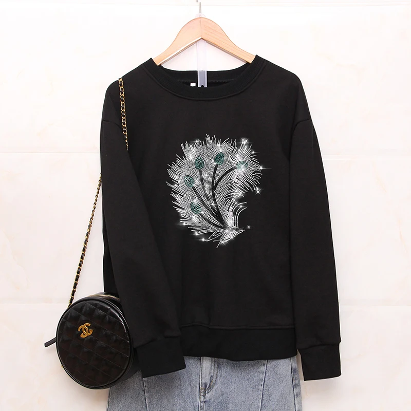 

Autumn New Fashion Loose Sweatshirts female Creativity Peacock feather Hot diamonds Pattern Casual o-neck women tops pullovers