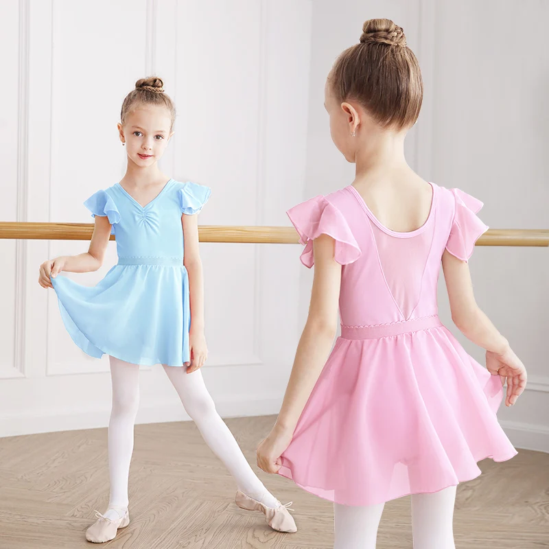 Girls Kids Ballet Leotards Pink Blue Bodysuit Gymnastics Leotards Toddler Dance Dress Soft Dance wear Suit with Chiffon Skirts