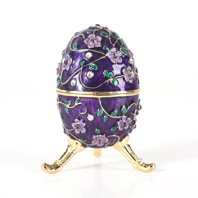 Handmade Enamel Easter Egg Jewel Case Purple Flower Jewelry Storage Box New Year Valentine's Day Gift