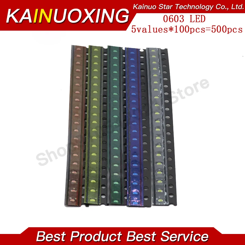 

5 x 100pcs/Color=500pcs New 0603 Red/Green/Blue/White/Yellow SMD LED kit