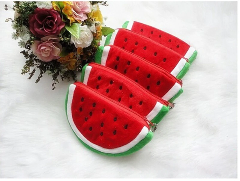 Novelty Kids Watermelon Coin Purse Women Lovely Plush Zipper Coin Wallet Purse Key Bag Fruit Wallet Students Pen Pencil Case Bag