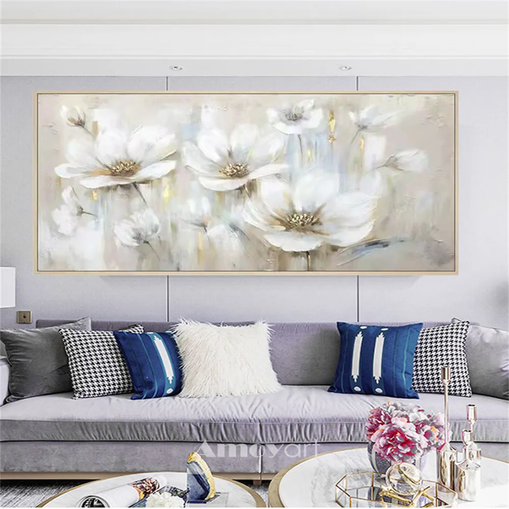 

Hand Painted White Plant Pendant Dandelion Oil Painting Handmade Knife Flower Canvas Paintings Modern Artist Home Decor Wall Art