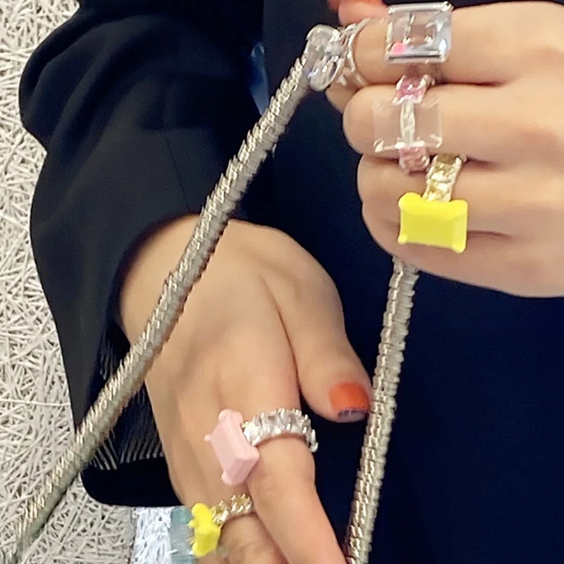 HUANZHI 2021 New Retro Square Paint Ring Candy Color Zircon Rhinestone Irregular Enamel Drop Glaze Ring For Women Girls Jewelry