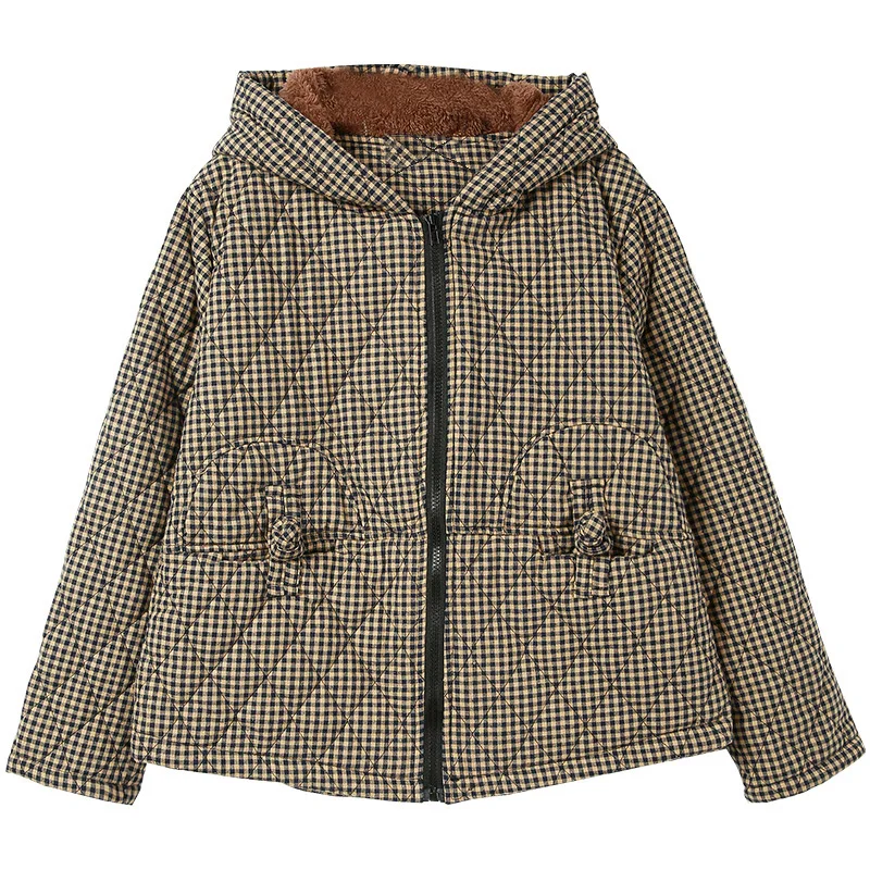 Manteau Cardigan à capuche en coton épais pour femme, veste à carreaux, court, chaud, vêtements d'extérieur, fermeture éclair, de haute qualité, collection hiver 2022