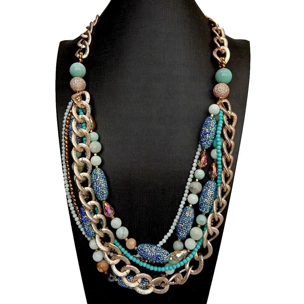 

Y.YING 6 Rows Multi Strands Necklace Blue Amazonite Crystal Pave Statement Jewelry 28" statement necklace