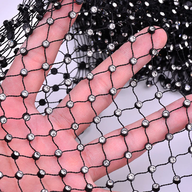 JUNAO 1Meter Glass Black AB Rhinestones Net Mesh Fabric Elastic Crystal Appliques Sexy Sewing Trim for Women Clothes Bag Crafts