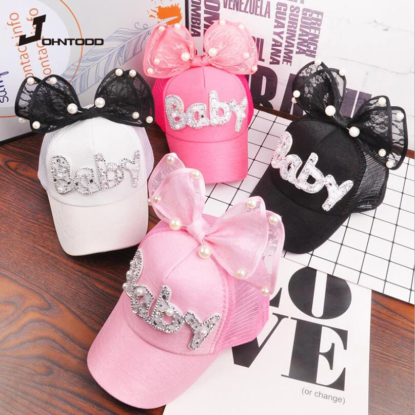 

Children Hip Hop Mesh Baseball Cap Summer Baby rabbit ear pearl bow kids Sun Hat Boys Girls snapback Caps for 2-8 years old