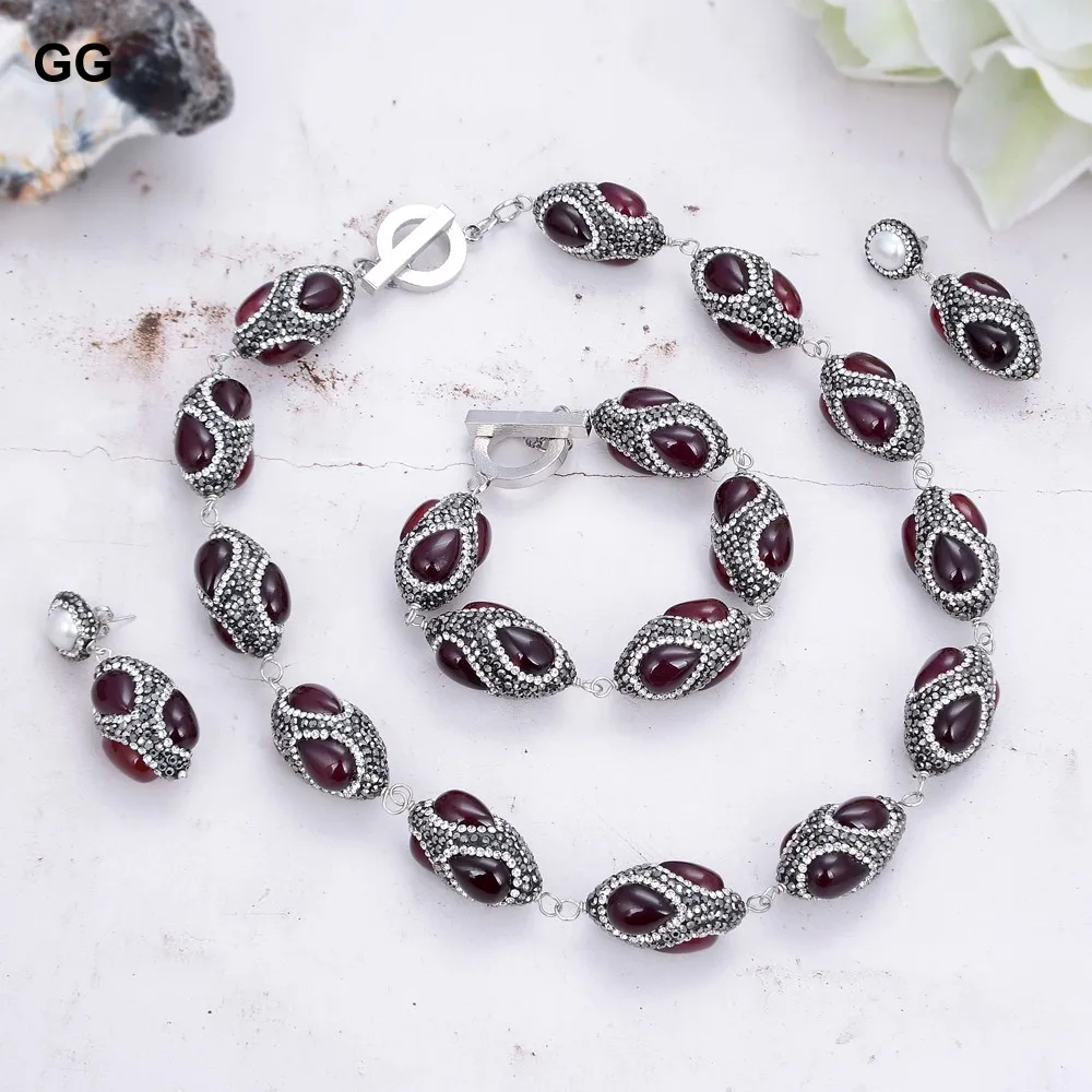 GuaiGuai Jewelry Natural Red Agates Black Rhinestone Necklace Bracelet Earrings