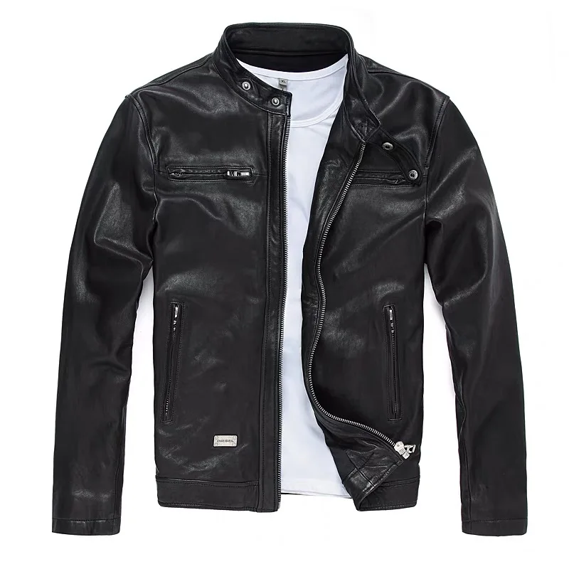 Spring Autumn Men's Stand-Up Collar Leather Jacket Coat 100% First Layer Cowhide Sheepskin Motorcycle Leather Jacket