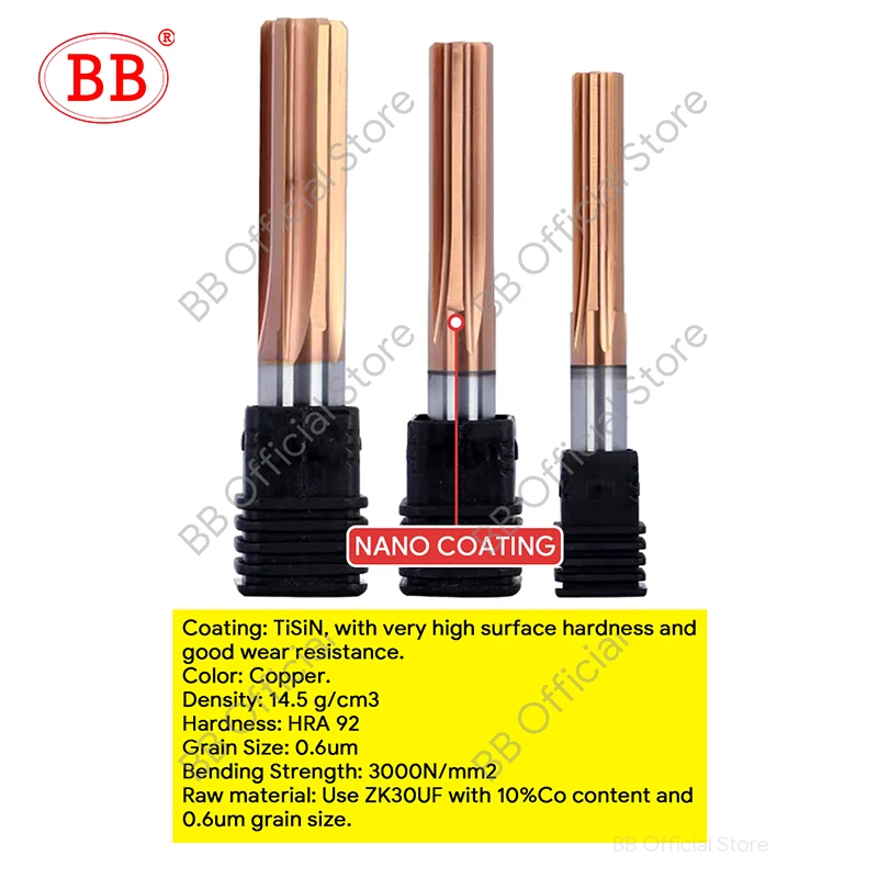 BB Carbide Machine Reamer Coated Straight Flute H7 Tolerance Chucking Hardened Steel Metal Cutter 6 Flutes CNC 6~20mm