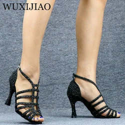 WUXIJIAO Pearl Rhinestones Latin Dance Shoes Women Bachata Salsa Latin Dance Shoes For Girls Vocational Training Shoes