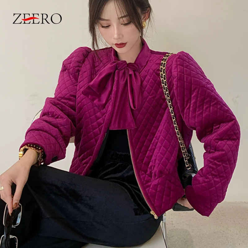 

Winter Female Solid Color Velvet Plaid Short Jacket Women Vintage O-Neck Butterfly Tie Puff Sleeve Zipper Cotton Clothes Coat