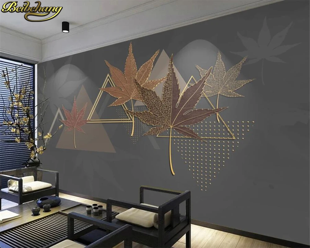 Beibehang Kustom Wallpaper Mural Modern Geometris Segitiga Kreatif Daun Maple Emas Timbul Garis Latar Belakang Papel De Parede