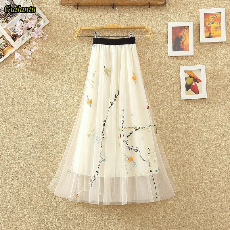 

Guilantu Summer Mesh Embroidery Floral Skirt Women Fashion Elastic High Waisted Casual A Line Skirts Ladies Tulle Tennis Skirt