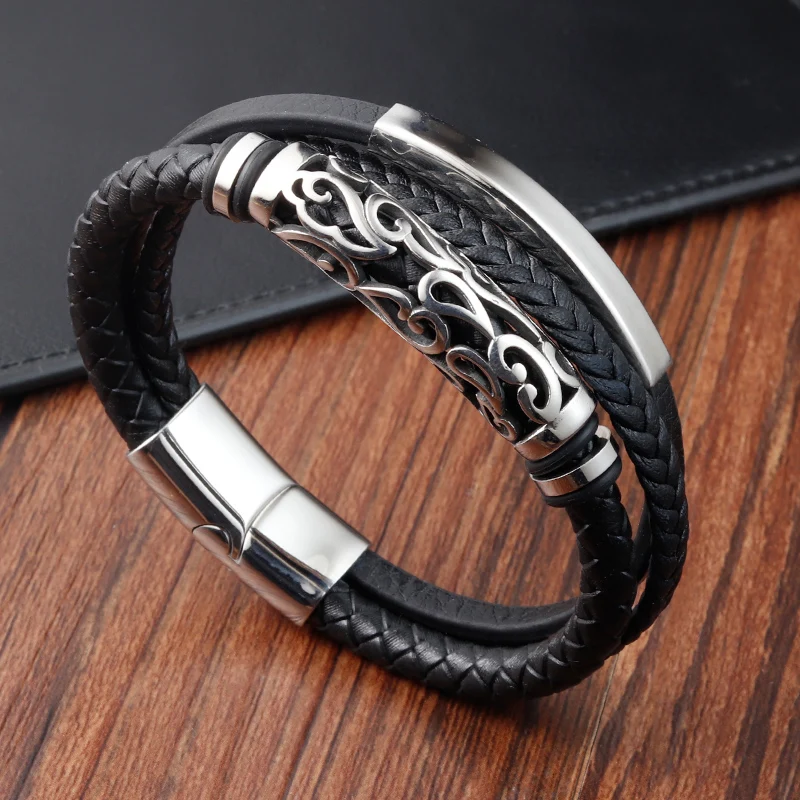 

Retro Style Double Stitching Combination Small Accessories Stainless Steel Men's Leather Bracelet Promotional Price For Gift