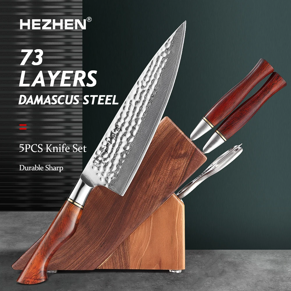 HEZHEN 5PCS Knife Set Vacuum & Deep Freezer Heat Treatment 73 Layers Powder Damascus Steel Chef Utility Santoku Knife Holder