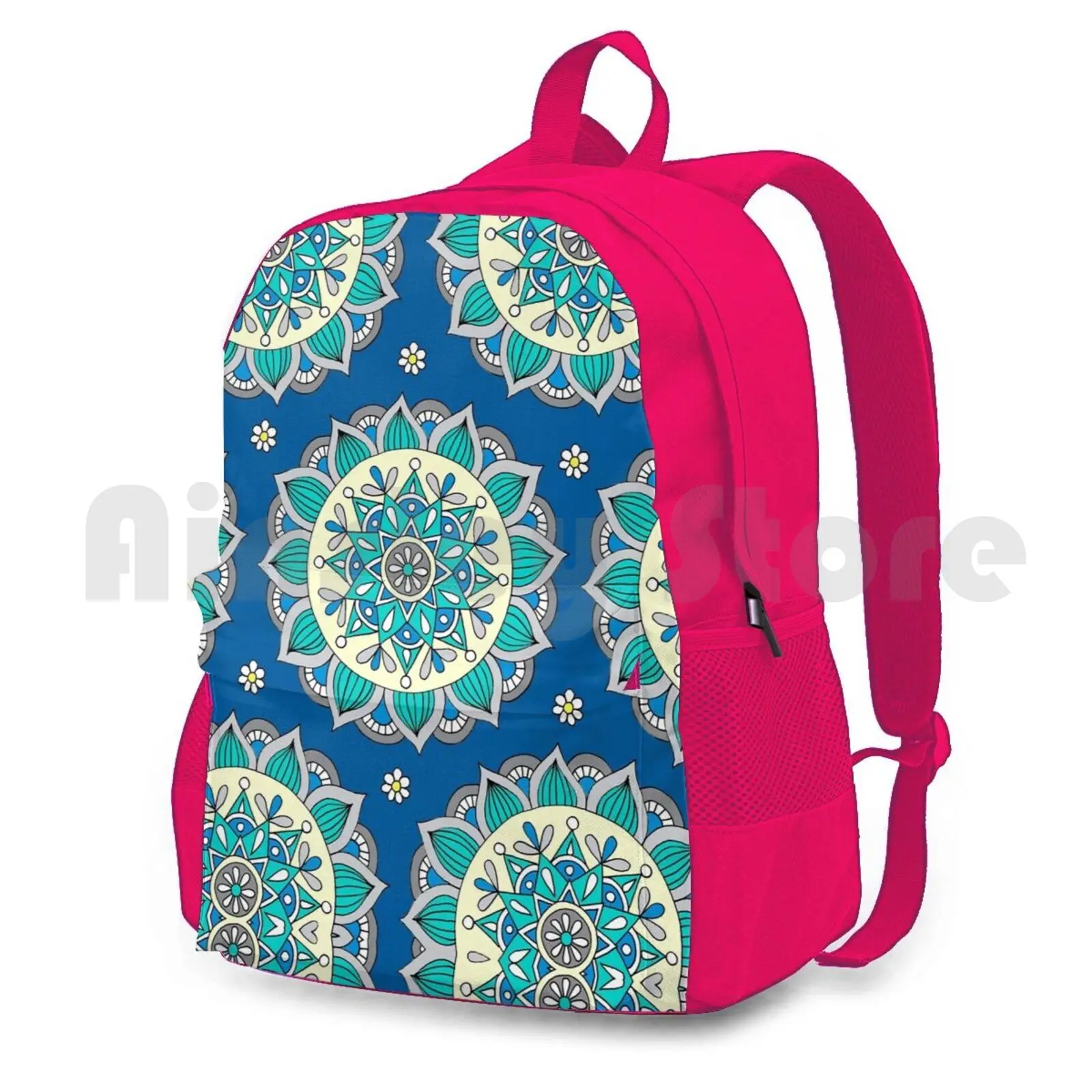 Blue & Cream Mandala Outdoor Hiking Backpack Riding Climbing Sports Bag Mandala Bohemian Pattern Boho Blue Aqua