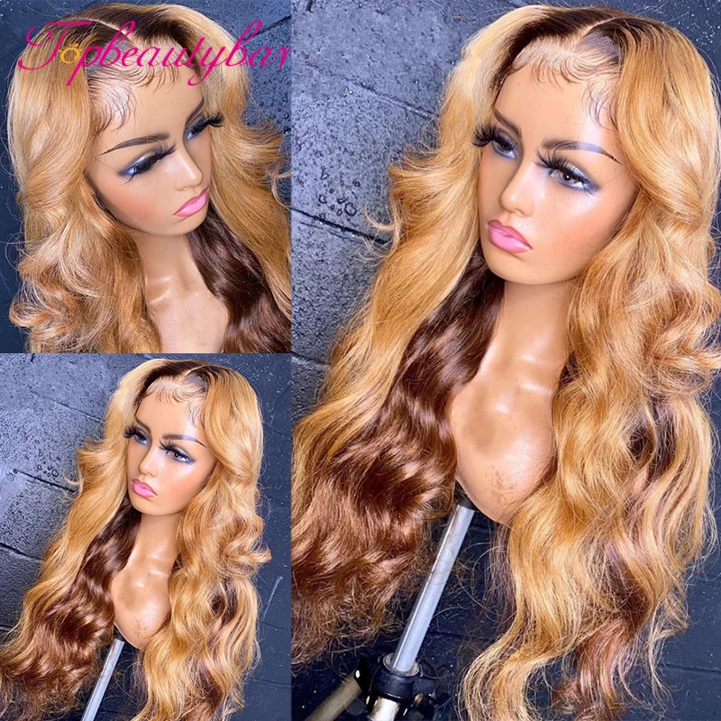 Highlight Lace Front Human Hair Wig Honey Blonde Brown Pre Plucked 180% Brazilian Remy Wavy Lace Frontal Wigs For Women