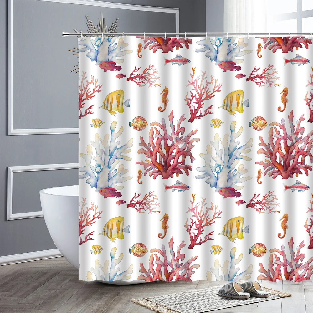 Underwater World Shower Curtain Set Tropical Fish Seahorse Coral Plant Print Waterproof Bathroom Decor Cloth Hooks Bath Curtains