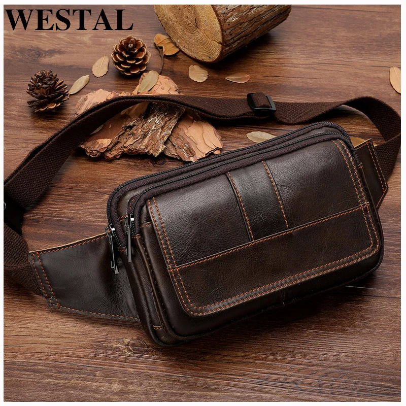 WESTAL Male Fanny Pack Men\'s Waist Bag Genuine Leather Men\'s Belt Pouch Hip Bags Sport Phone Money Belt Bag Men Waist Packs 8966