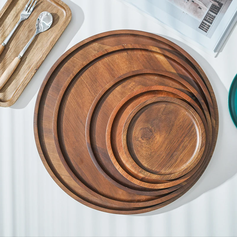 MUZITY Round Solid Wood Dessert Plate Dinner Plate Wooden Saucer Tea Tray Whole Acacia Wood Tableware Set