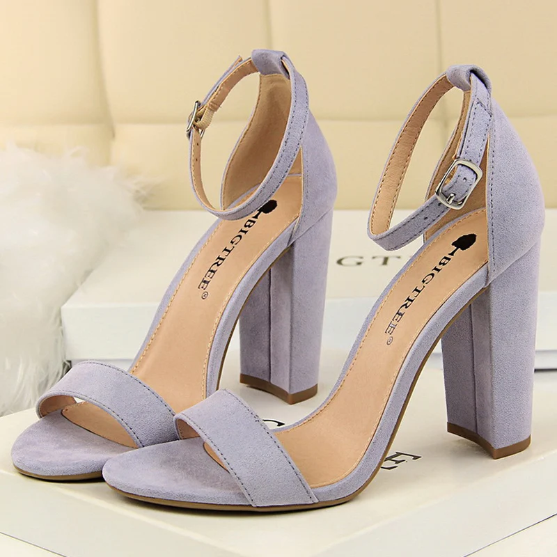 2023 Summer Concise Women 9.5cm Stripper High Heels Wedding Sandals Purple Pink Block Heels Ankle Strap Sandals Plus Size Shoes